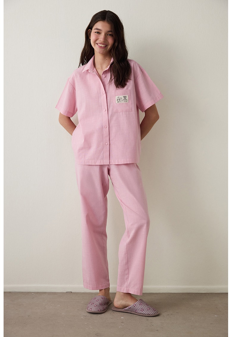 Pijama din bumbac cu imprimeu floral pe partea din spate