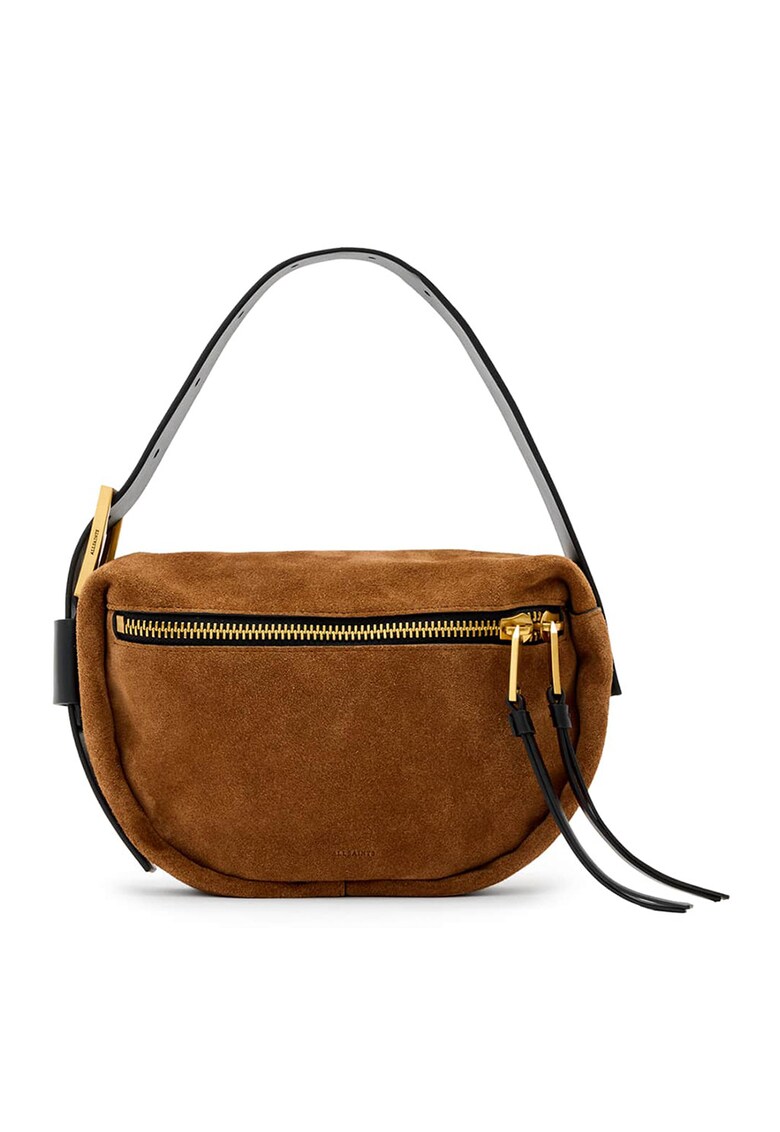 Geanta din piele intoarsa cu bareta ajustabila de umar - Negru/Caramel