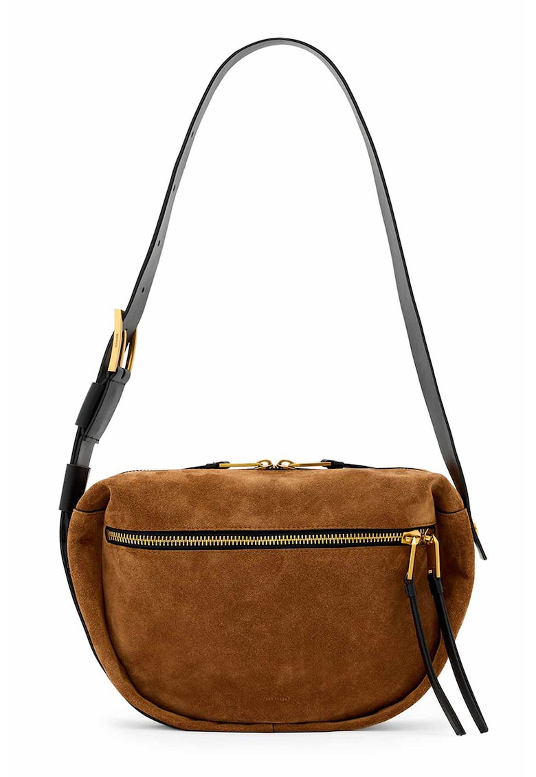 Geanta din piele intoarsa cu bareta de umar si fermoar