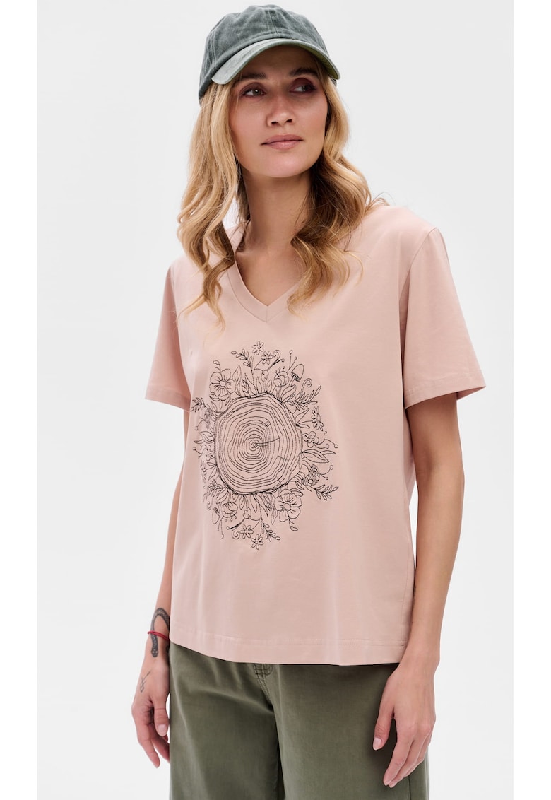 Tricou cu decolteu in V si model floral brodat