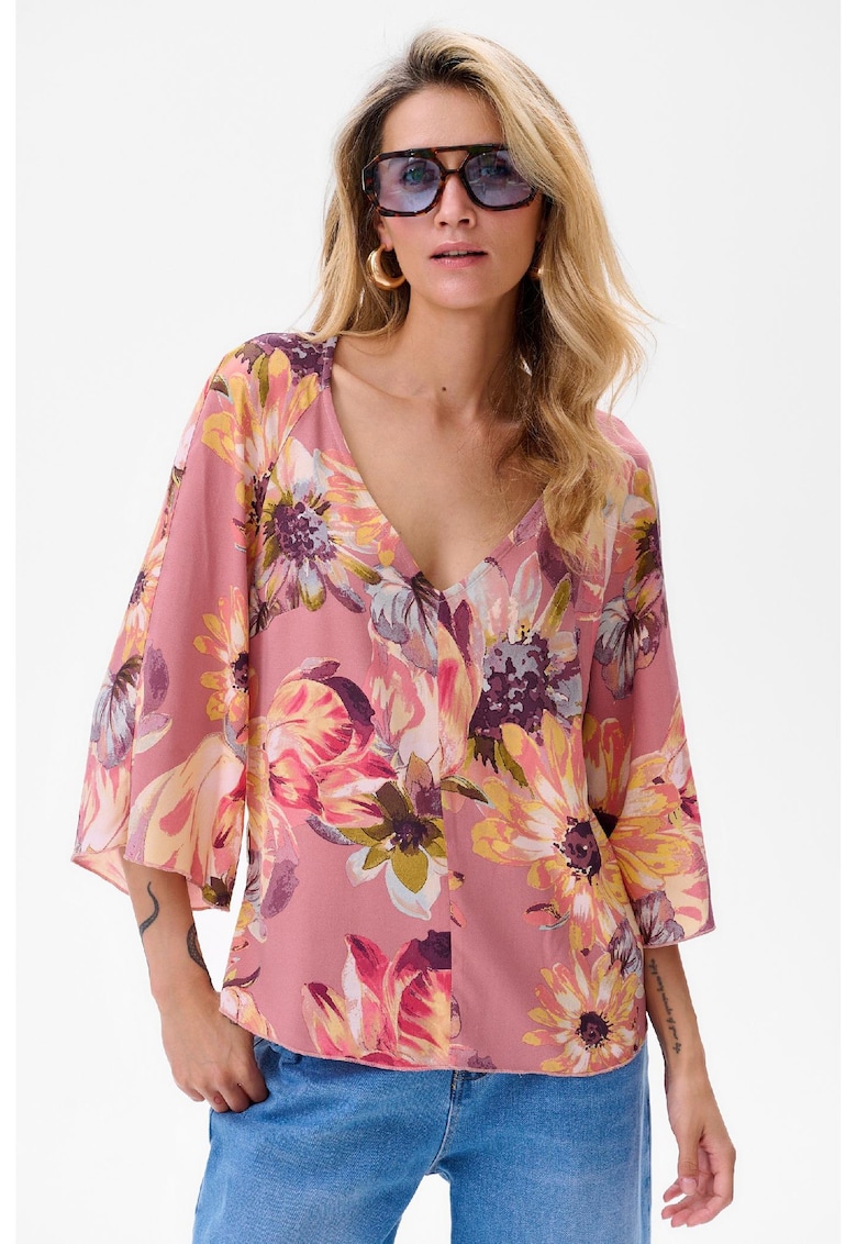 Bluza cu decolteu in V si imprimeu floral