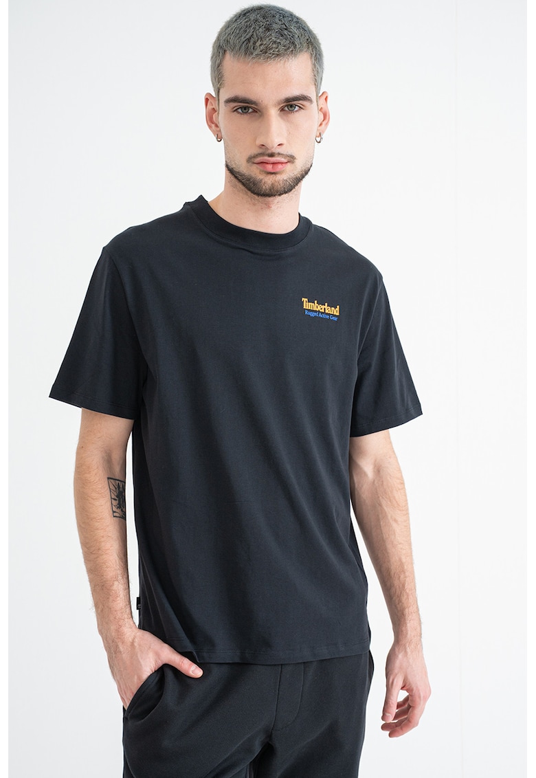 Tricou de bumbac cu decolteu la baza gatului si logo - Negru
