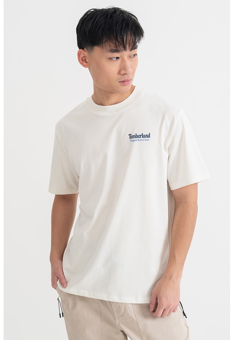 Tricou de bumbac cu decolteu la baza gatului si logo - Alb fildes/Bleumarin