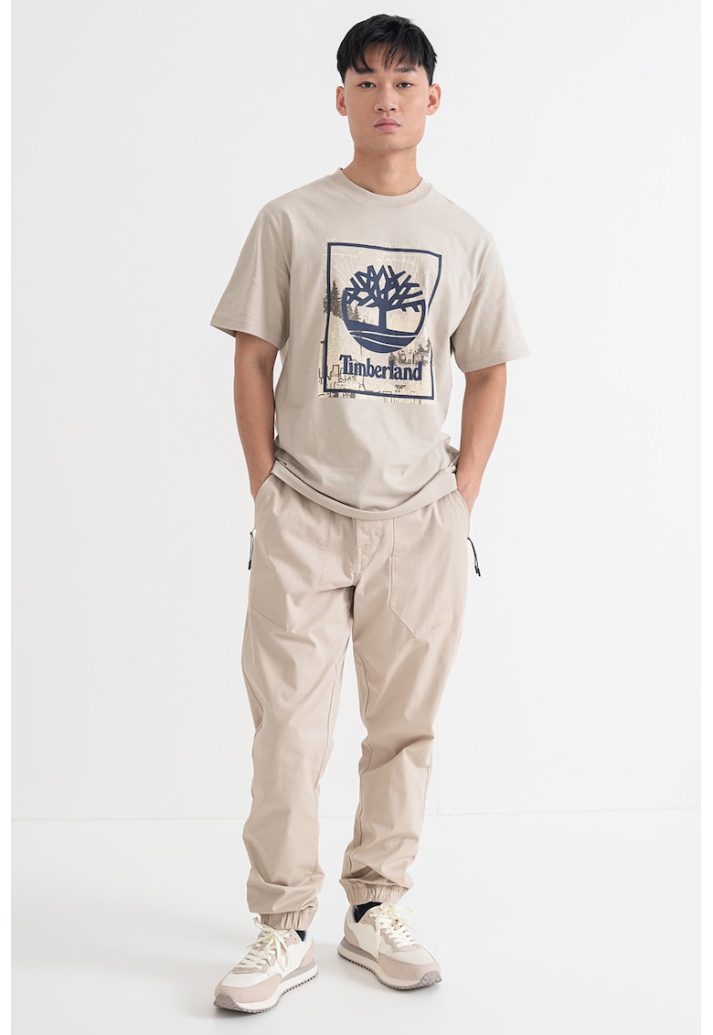 Tricou cu imprimeu grafic si logo - Maro taupe deschis/Bleumarin