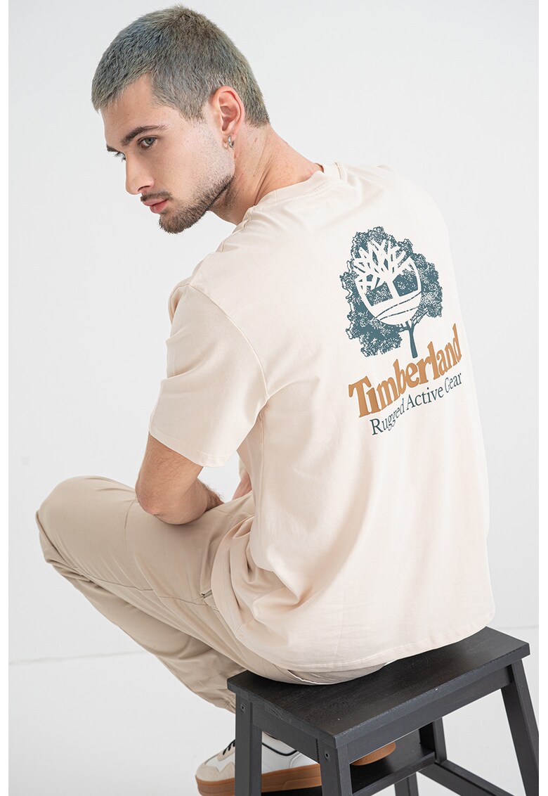 Tricou de bumbac cu decolteu la baza gatului si logo - Bej deschis