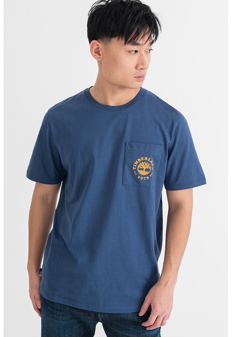 Tricou cu imprimeu si decolteu la baza gatului - Portocaliu/Albastru inchis