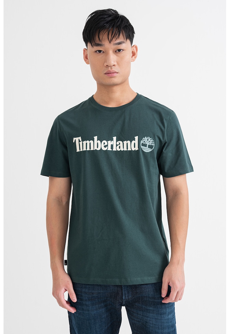 Tricou cu decolteu la baza gatului si imprimeu logo Linear - Verde inchis/Alb murdar