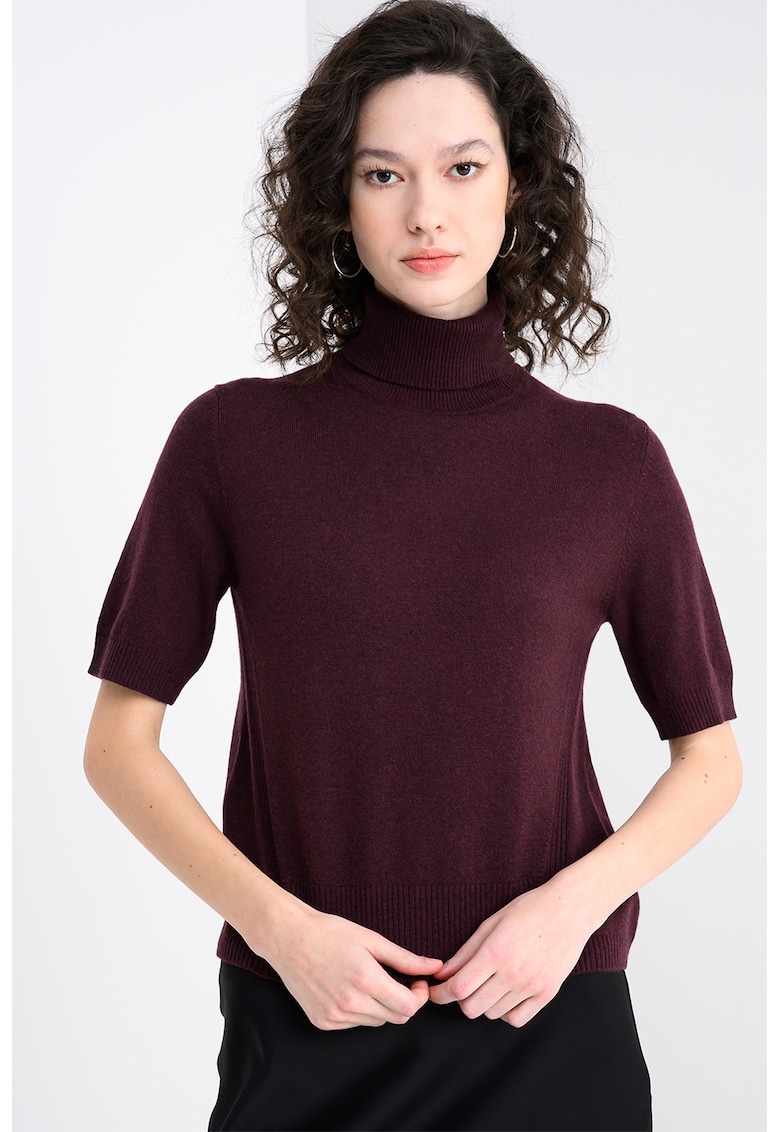 Pulover din amestec de lana cu guler inalt si maneci scurte