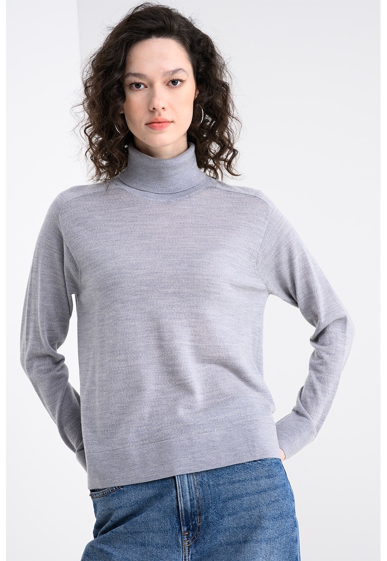 Pulover din amestec de lana cu gule inalt si model uni