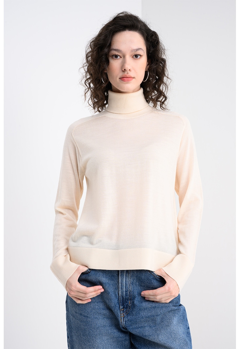 Pulover din amestec de lana cu gule inalt si model uni