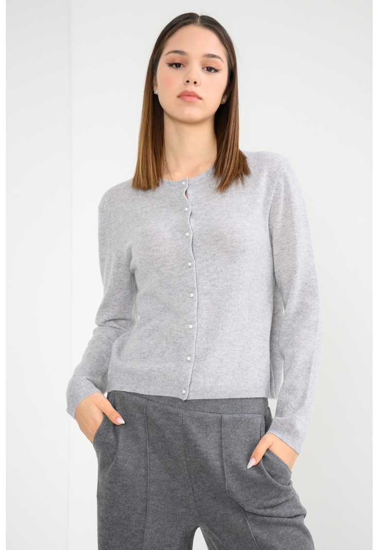 Cardigan din lana virgina cu decolteu la baza gatului - Gri melange