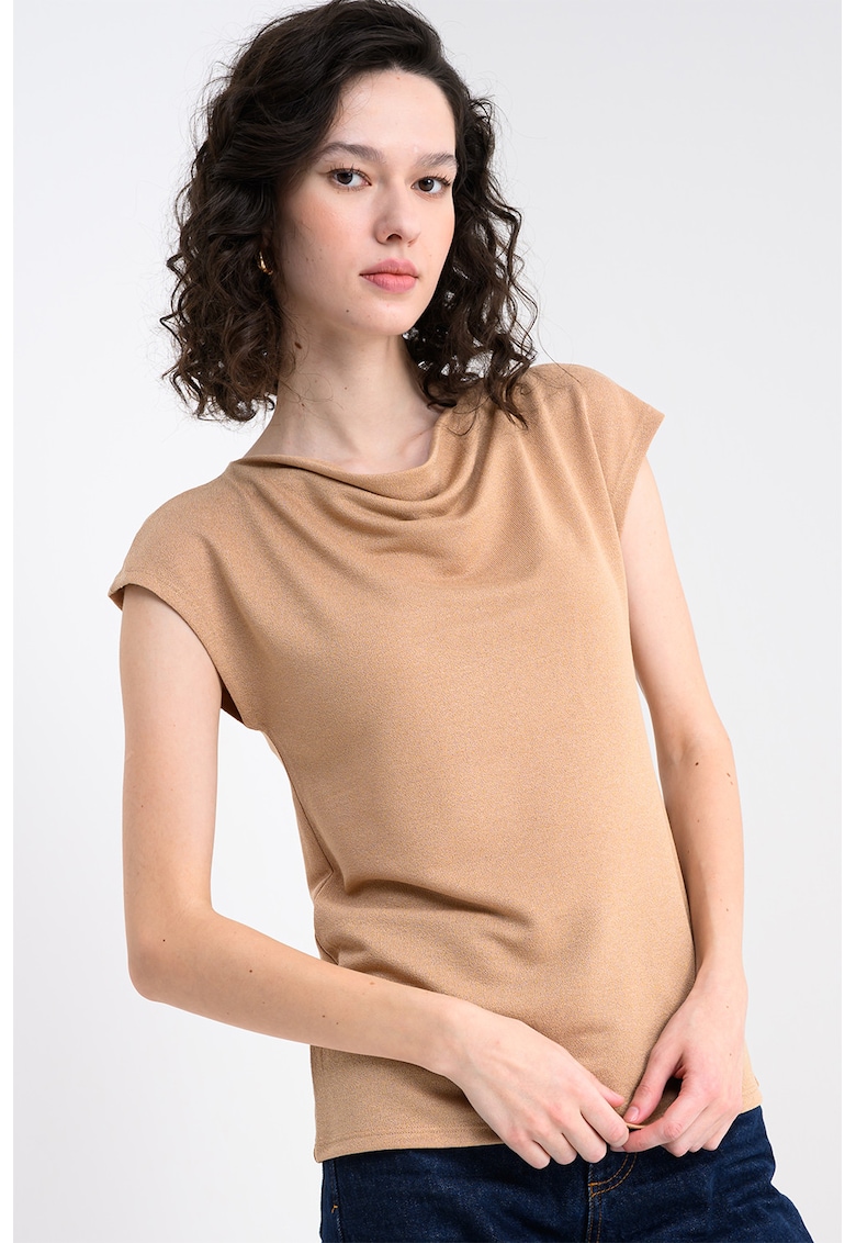 Bluza cu decolteu drapat - Maro camel