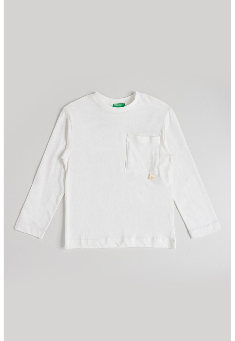 Bluza din bumbac cu decolteu rotund si buzunar pe piept - Alb