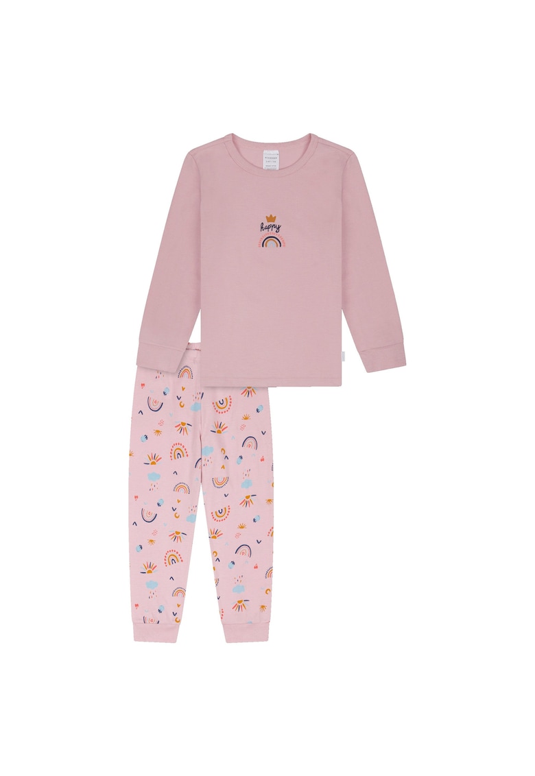 Pijama cu decolteu la baza gatului si pantaloni cu imprimeu - Roz pastel