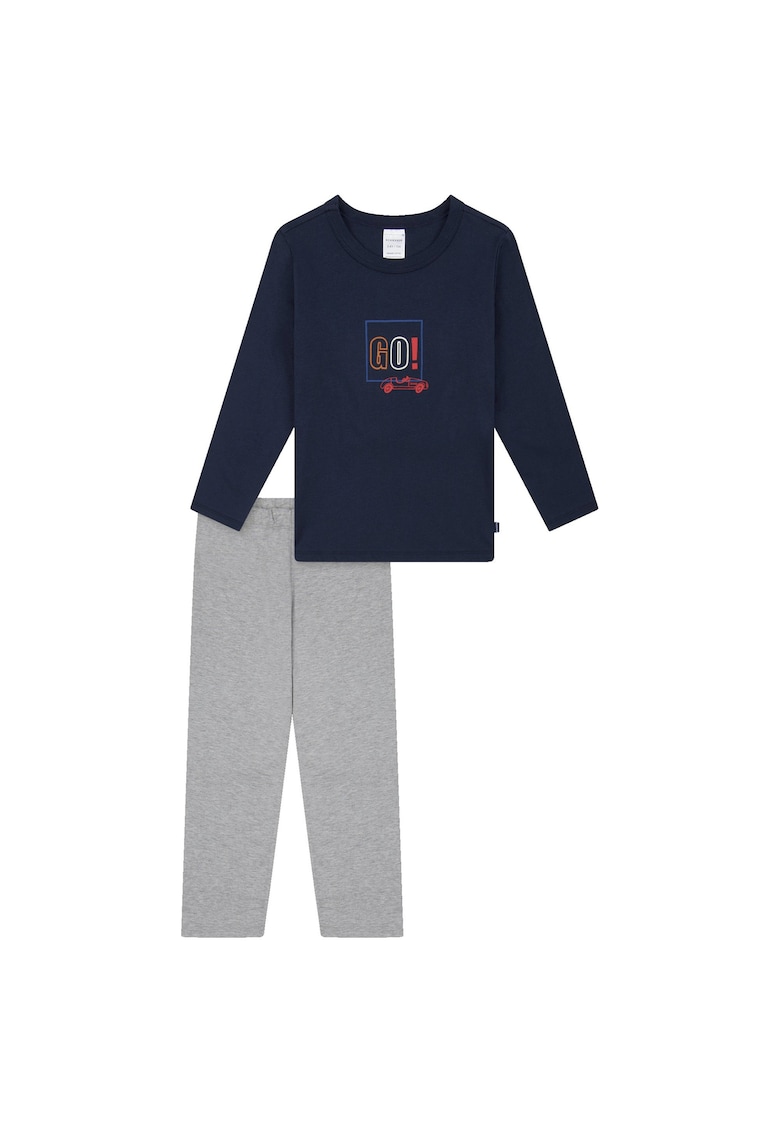 Schiesser Pijama cu pantaloni lungi din bumbac cu imprimeu - Gri/Albastru
