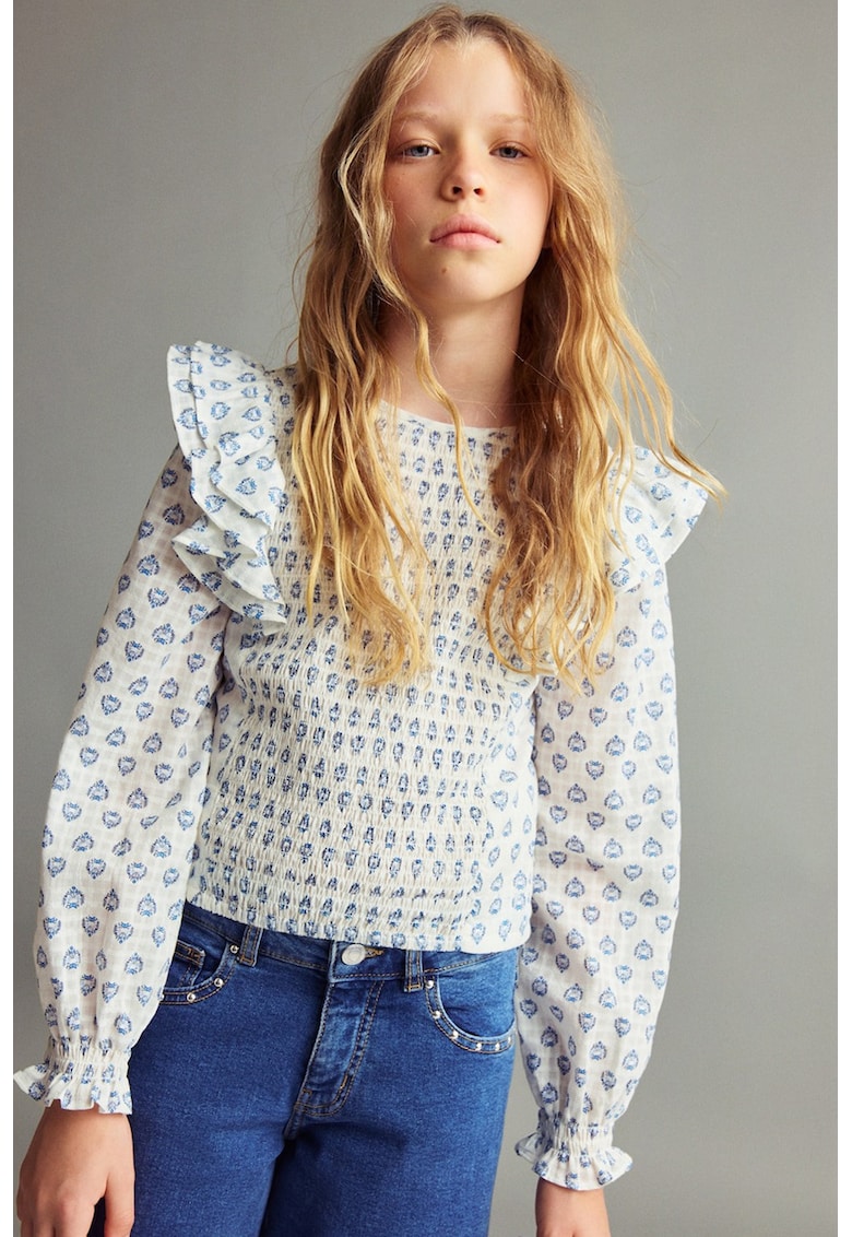 Bluza din bumbac cu volane - Alb/Albastru lavanda