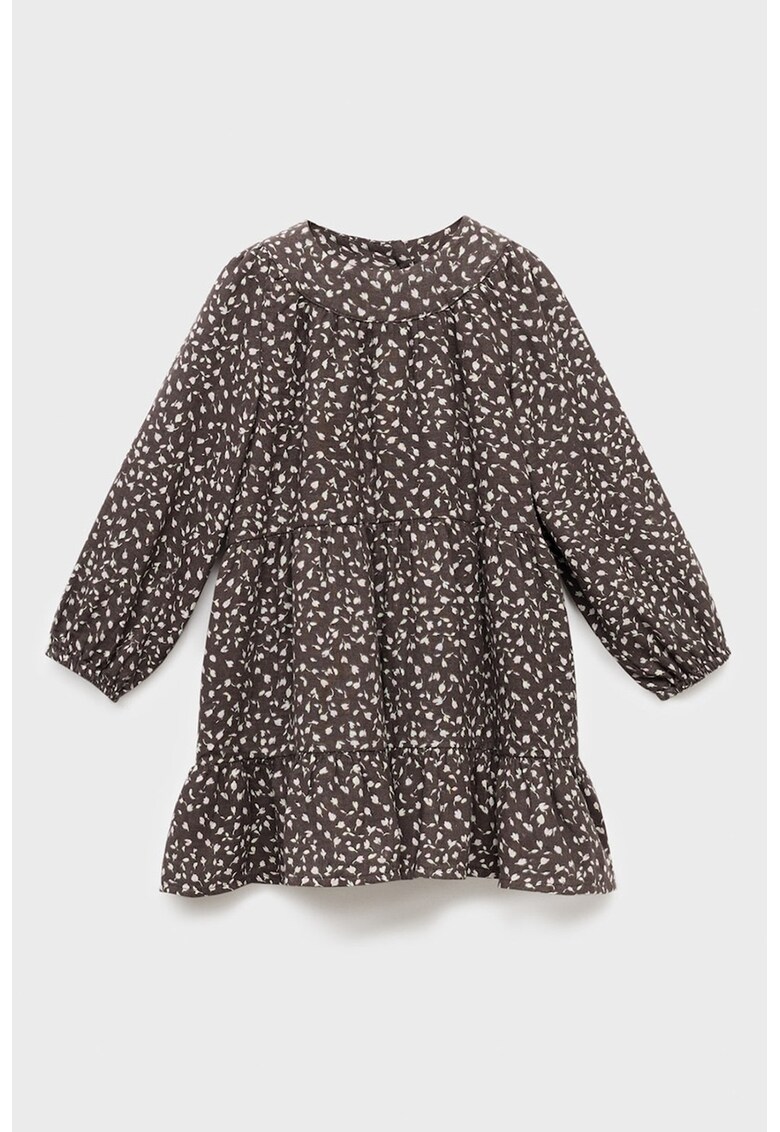 Rochie din bumbac cu volane si maneci lungi - Maro inchis/Alb murdar