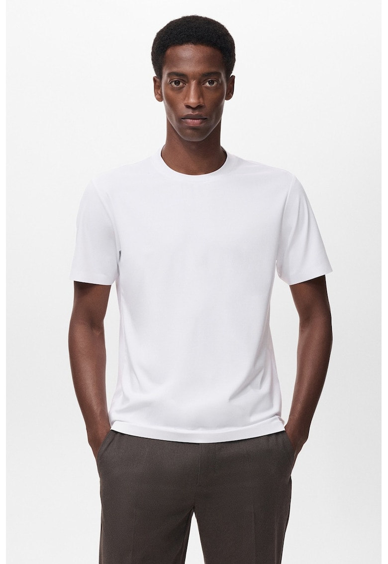 Tricou cu decolteu la baza gatului si model uni - Alb optic