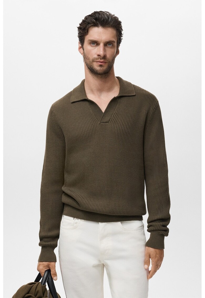 Pulover tricotat cu decolteu in V - Verde masliniu