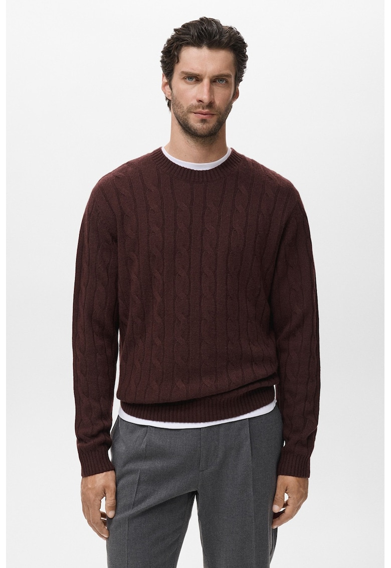 Pulover tricotat din lana cu decolteu la baza gatului - Rosu inchis