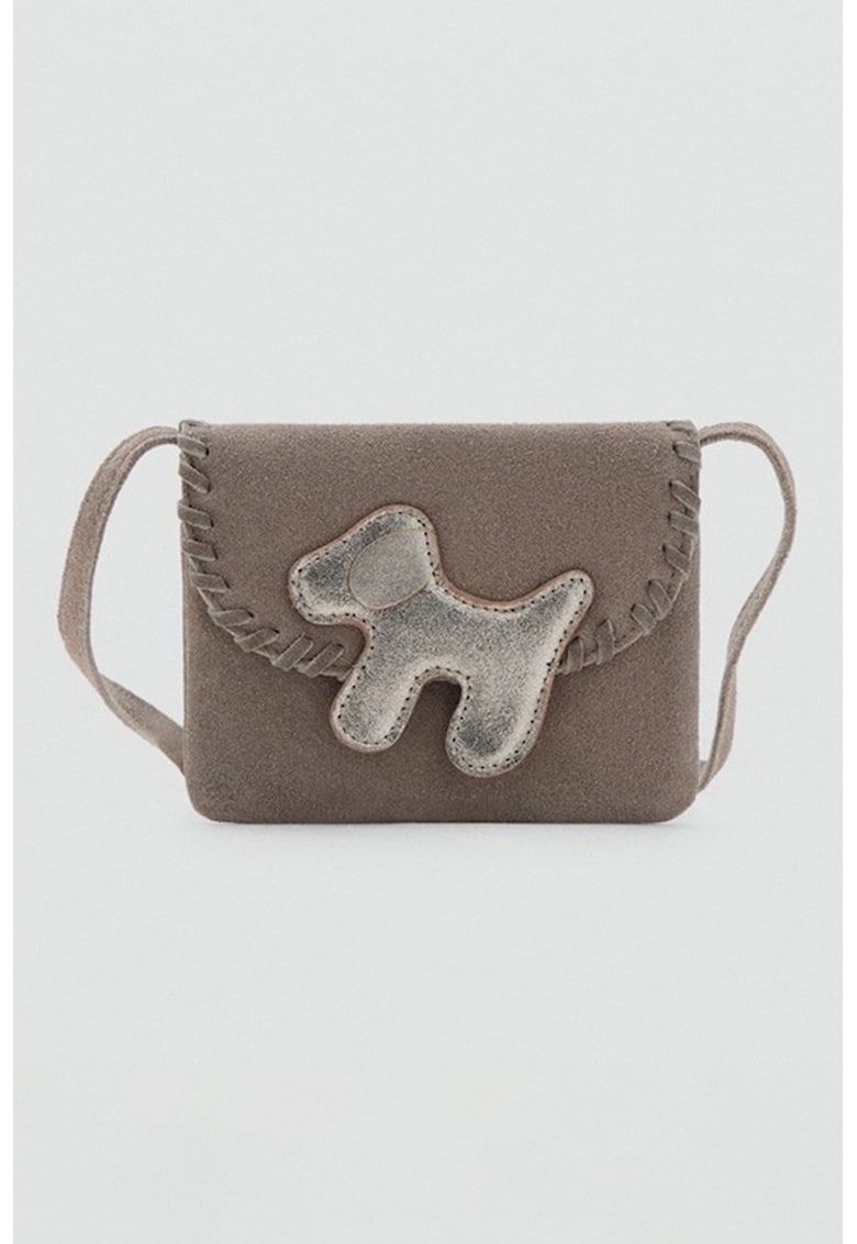 Geanta crossbody din piele intoarsa cu aplicatie cu catel