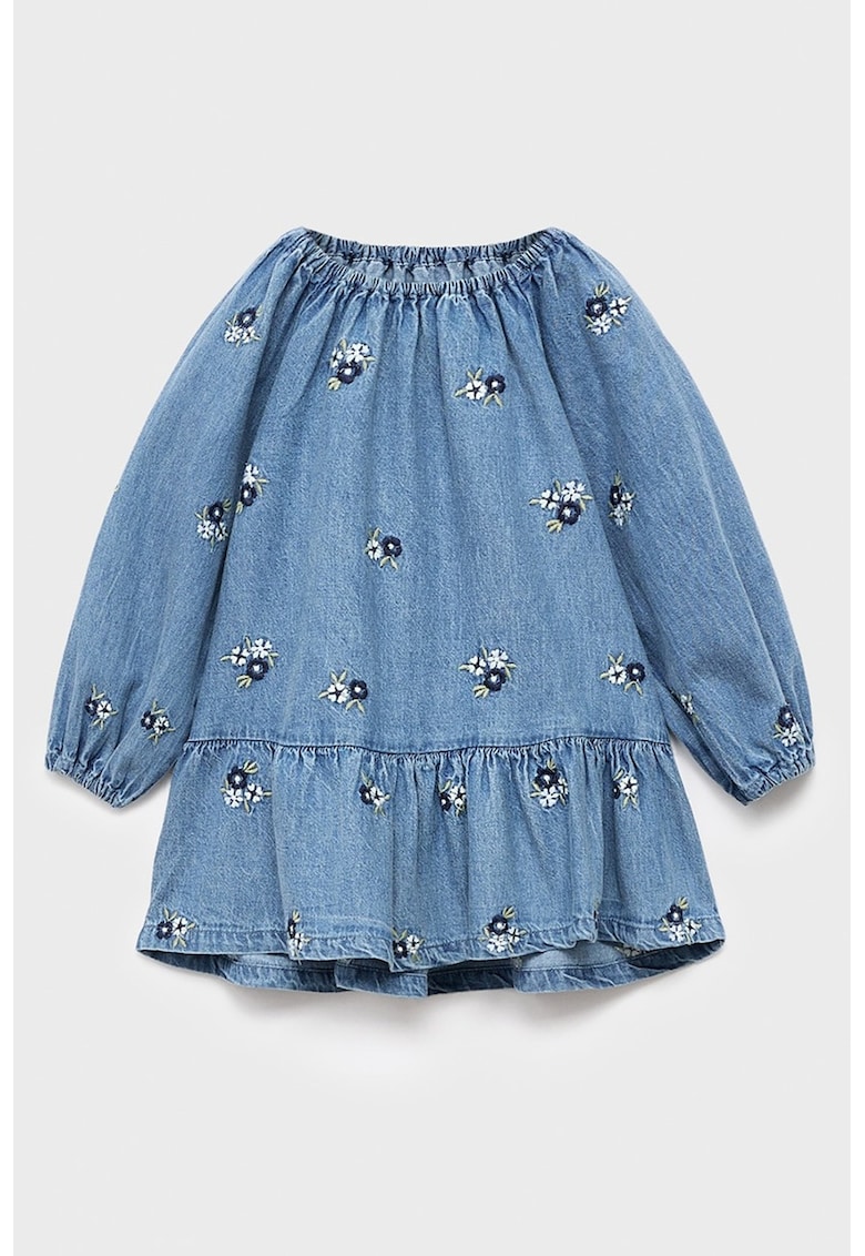 Rochie din denim cu model floral si maneci lungi