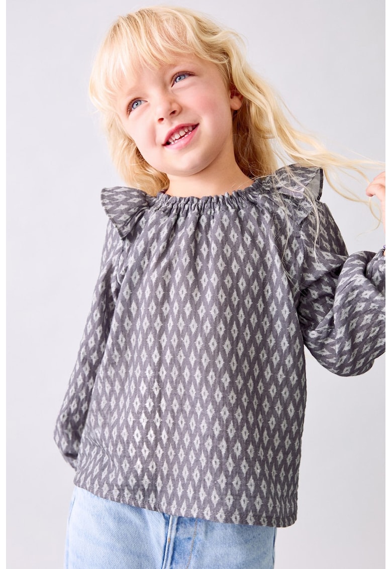 Bluza din bumbac cu volane - Alb/Maro taupe