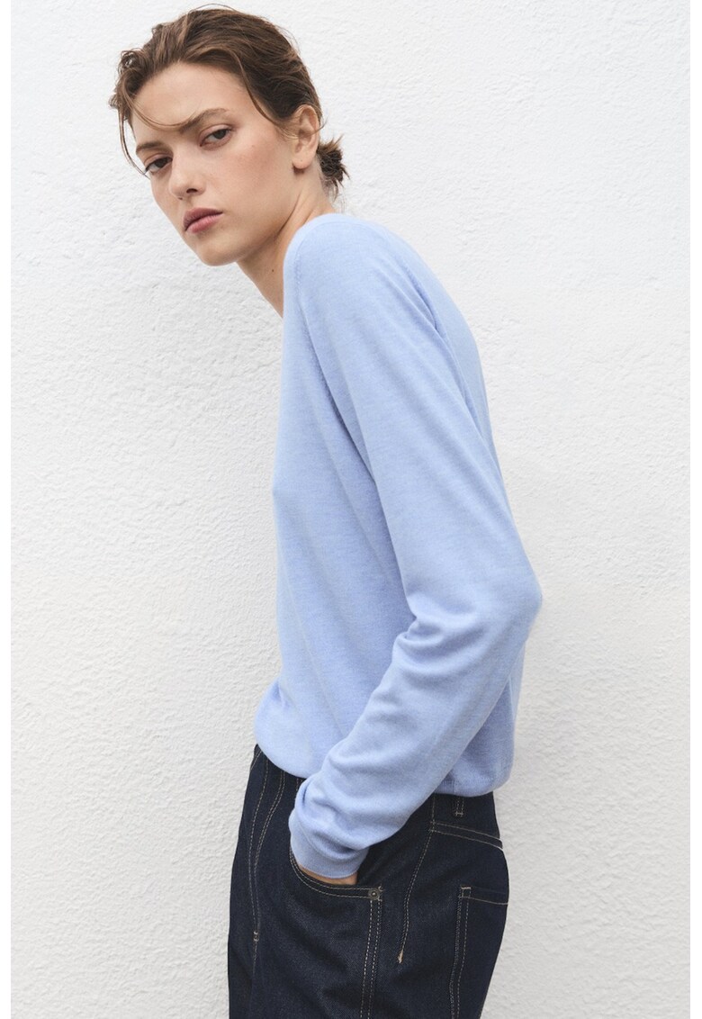 Pulover tricotat cu decolteu la baza gatului - Albastru azur