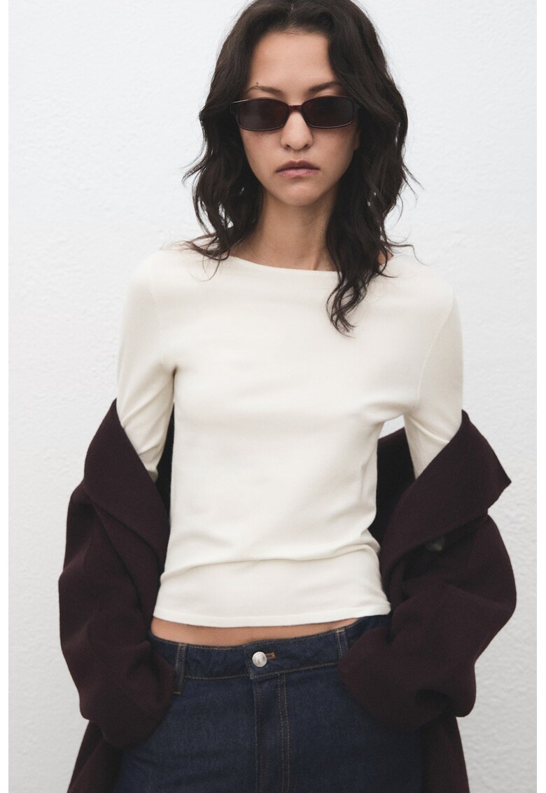 Pulover cu decolteu barcuta - Alb fildes