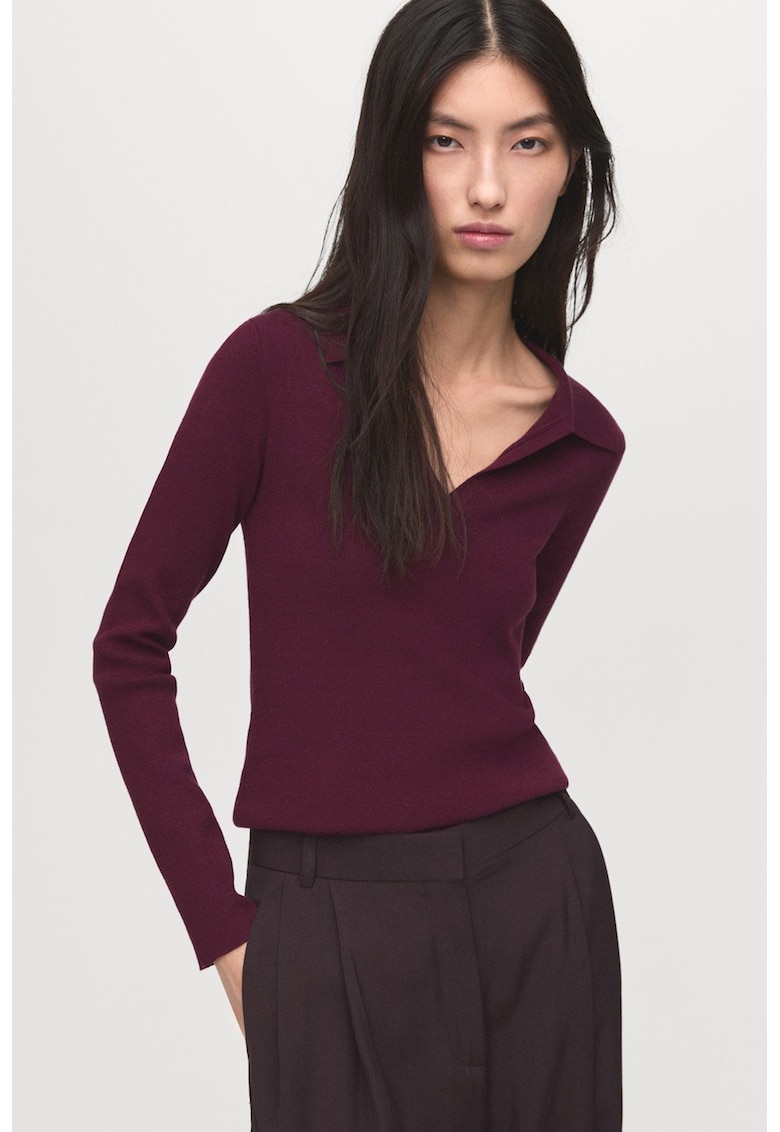 Pulover polo cu decolteu in V - Violet tyrian