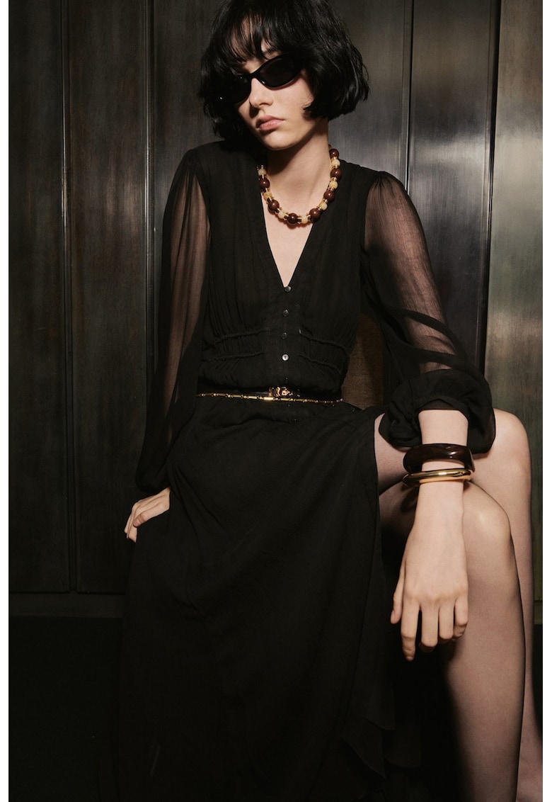 Rochie cu maneci bufante si decolteu in V - Negru