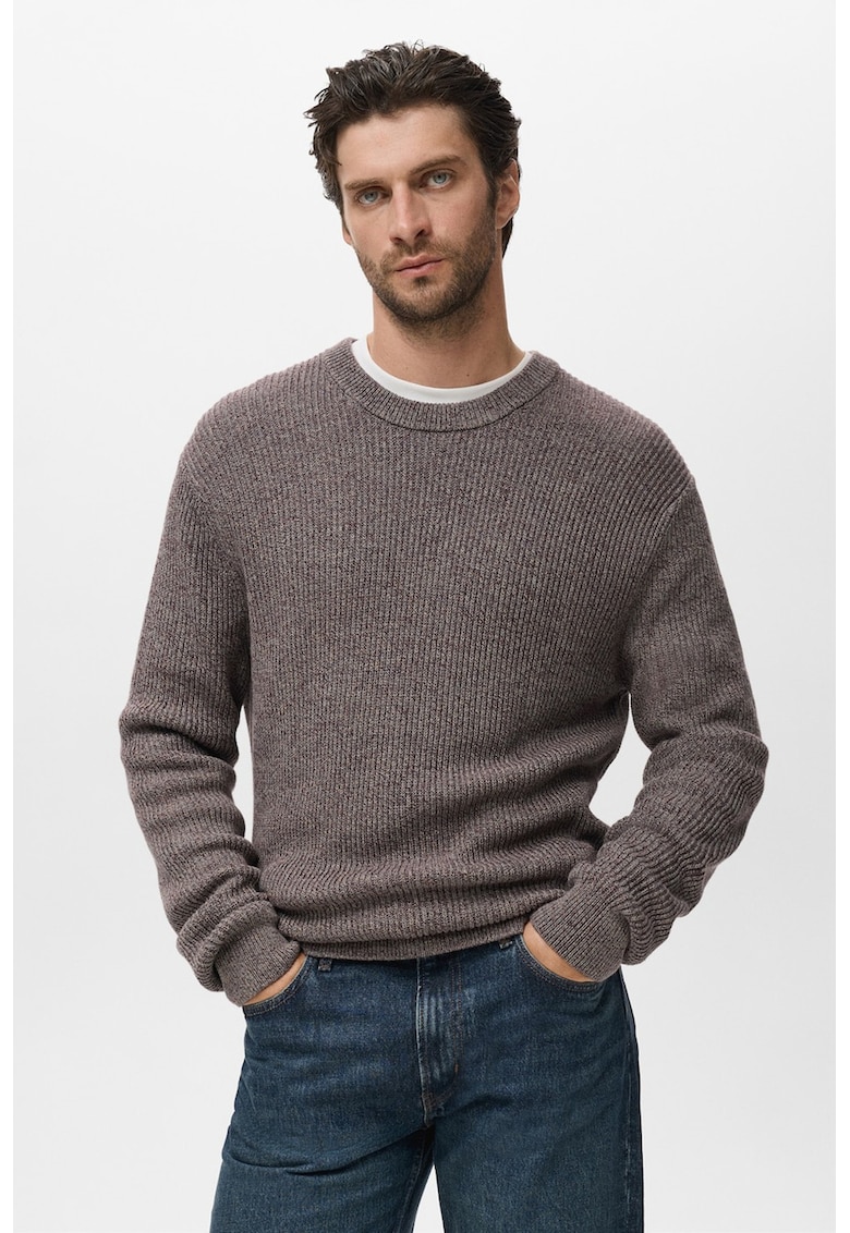 Pulover din bumbac cu decolteu la baza gatului - Maro taupe