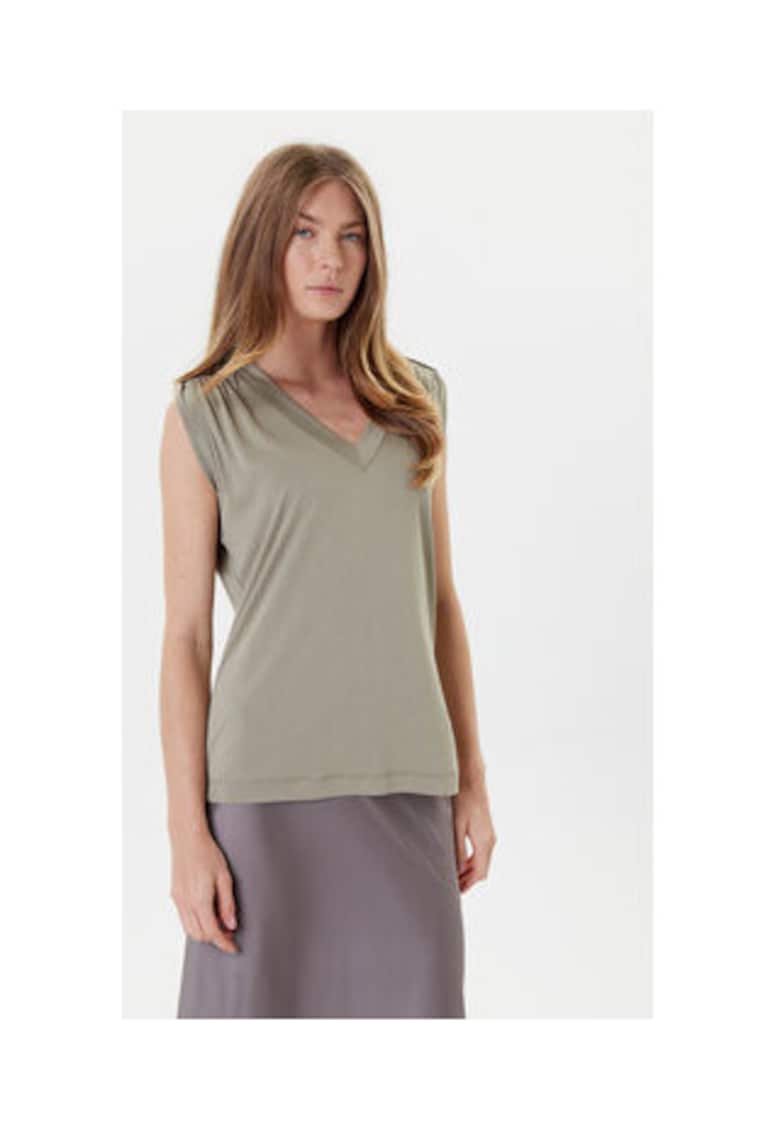 Bluza din amestesc de modal cu decolteu in V - Kaki deschis