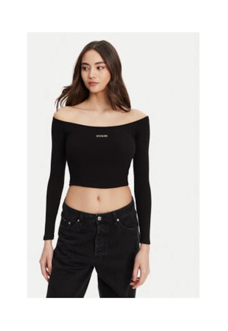 Bluza scurta din viscoza cu decolteu pe umeri - Negru