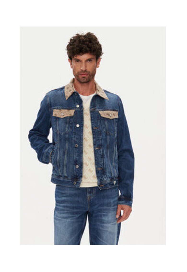 Jacheta din denim cu buzunare si model logo