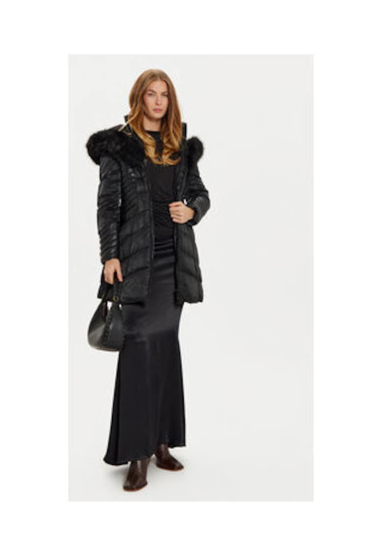 Geaca Dama OXANA W4BL61 – Matlasata - Cambrata - cu Gluga din Blana Sintetica - Negru