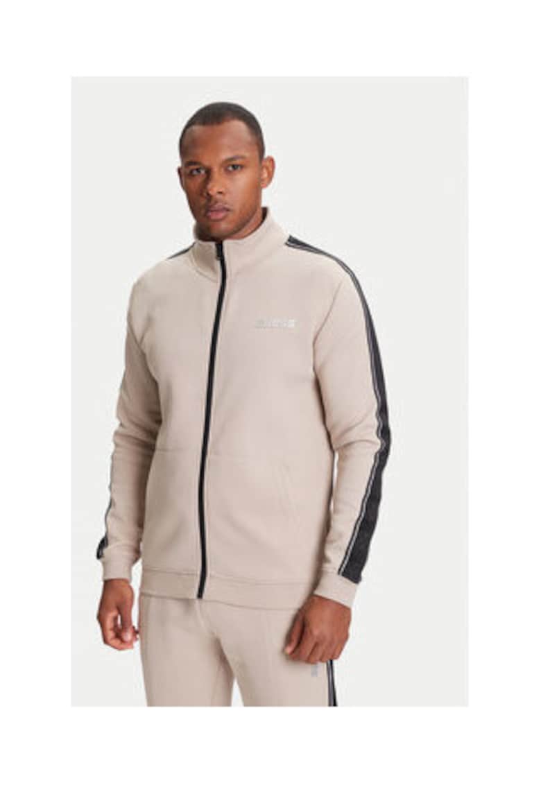 Bluza de trening din amestec de bumbac cu dungi contrastante pe maneci si logo cu aspect metalizat