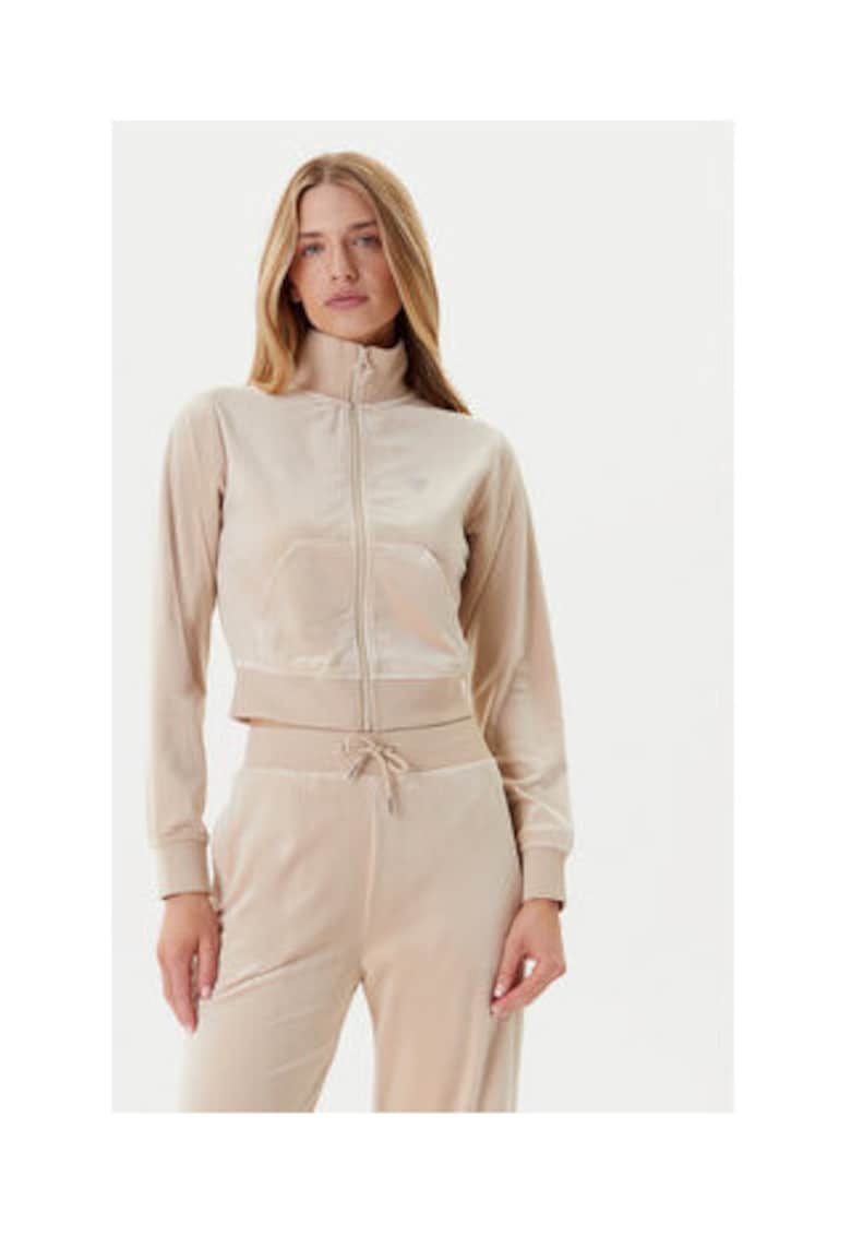 Bluza de trening cu fermoar - guler inalt si aspect de catifdwqfa - Bej