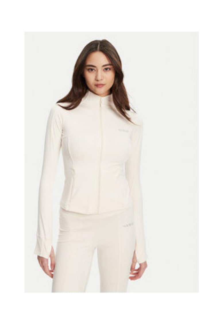 Bluza de trening cambrata din material elastic cu logo metalic si fermoar - Ecru
