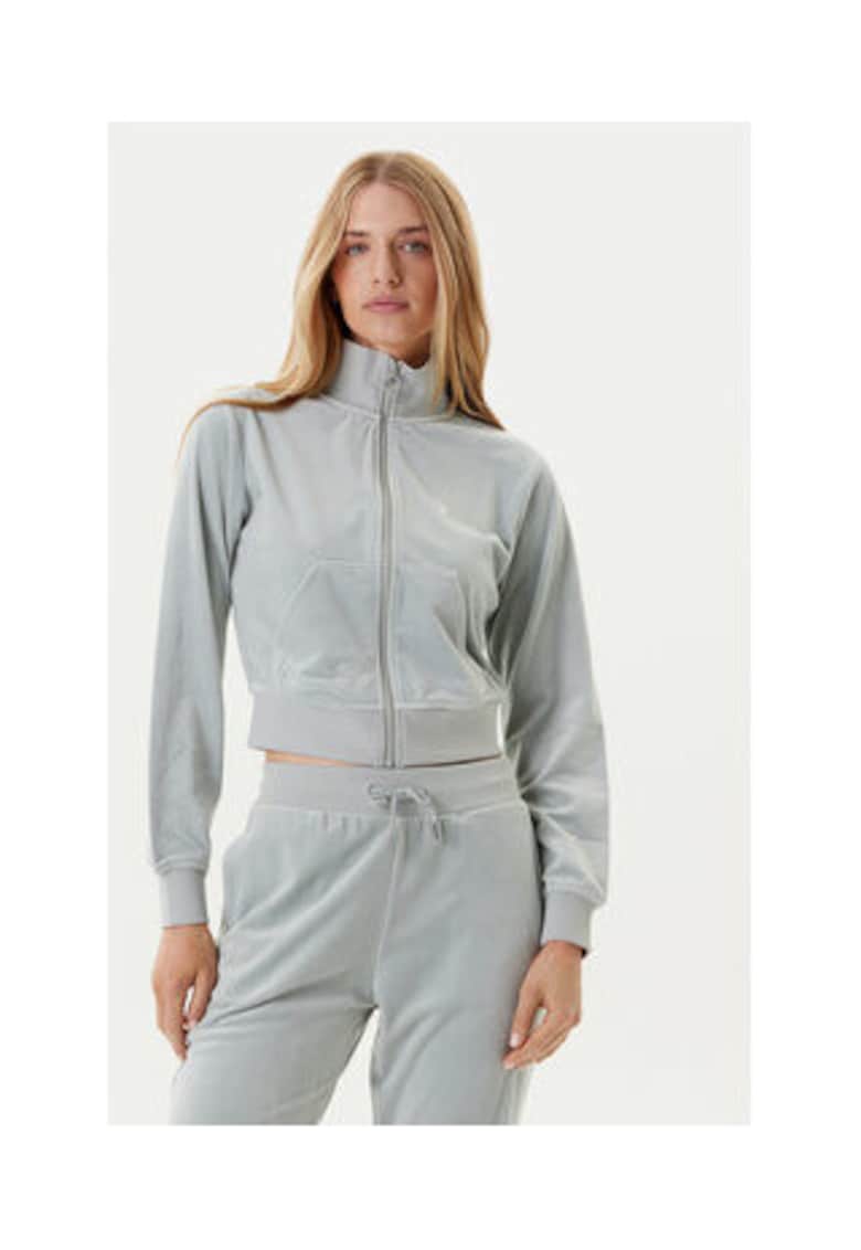 Bluza de trening cu fermoar - guler inalt si aspect de catifdwqfa - Verde menta prafuit
