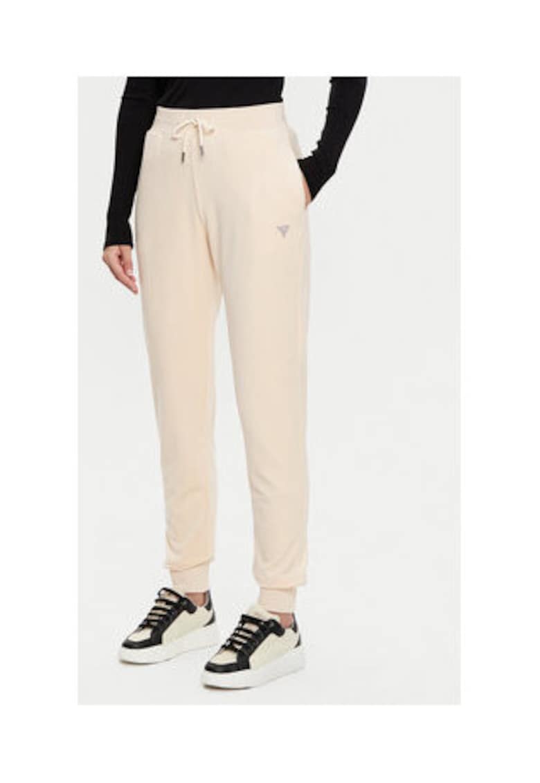 Pantaloni de trening din amestec de poliester cu snur de ajustare in talie si logo discret