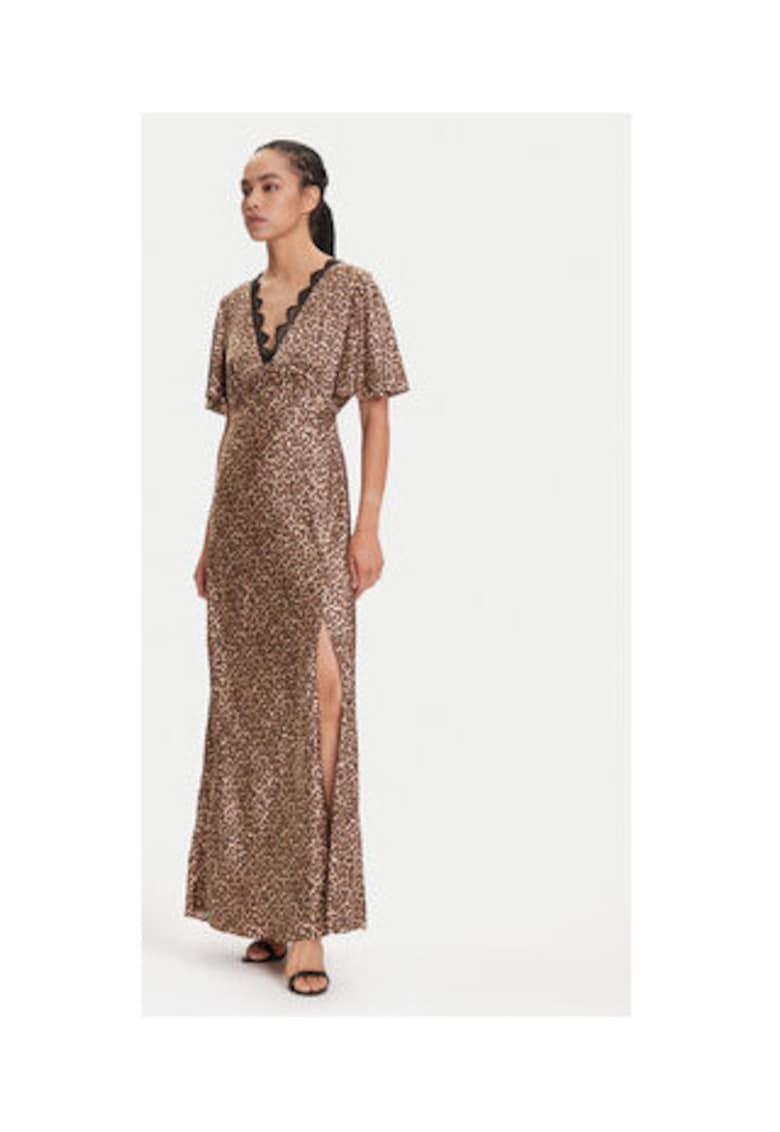 Rochie lungă animal print cu decolteu în V și despicatura laterala