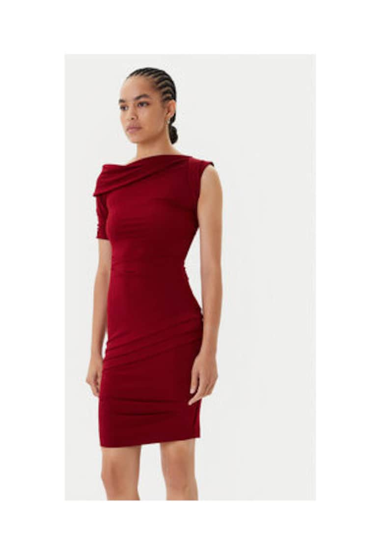 Rochie elastica din amestec de poliester cu maneci scurte si guler drapat