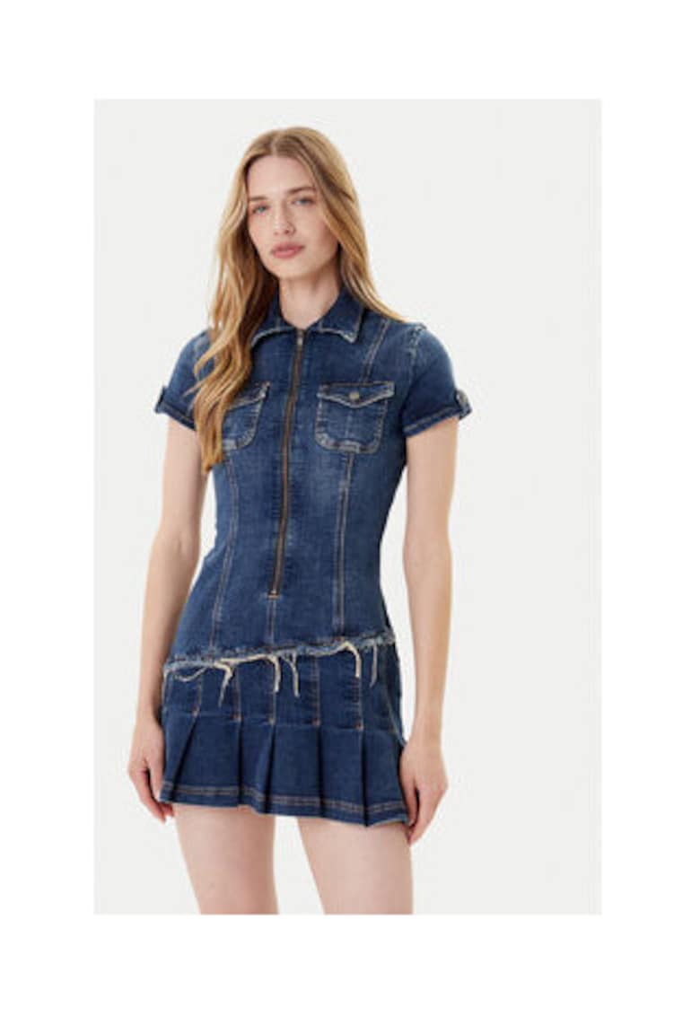Rochie mini din denim cu pliuri și franjuri