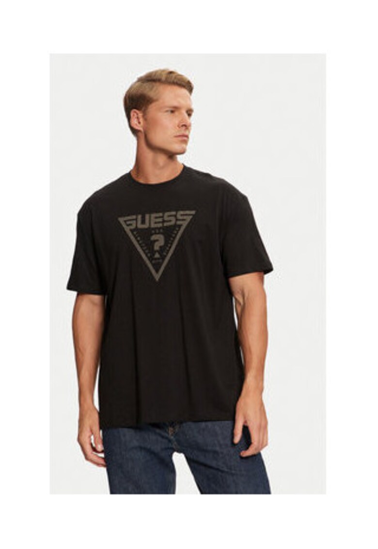 Tricou cu decolteu la baza gatului imprimeu logo