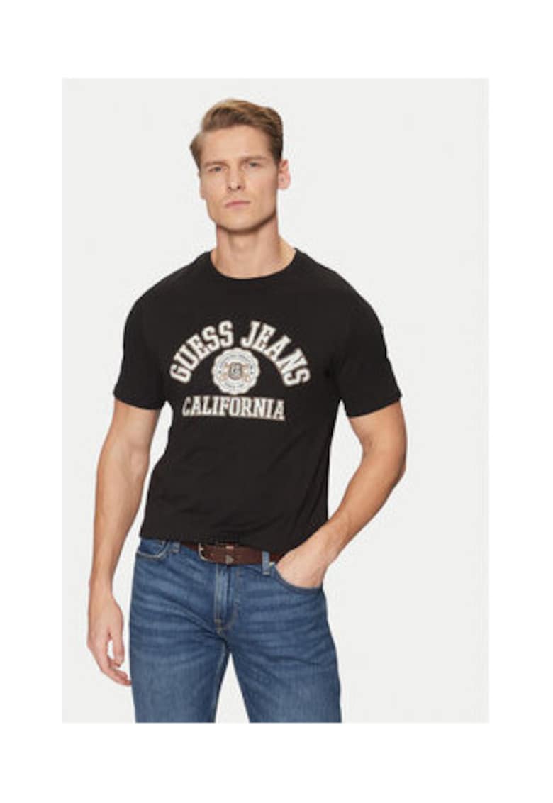 Tricou din bumbac cu decolteu la baza gatului si imprimeu pe piept