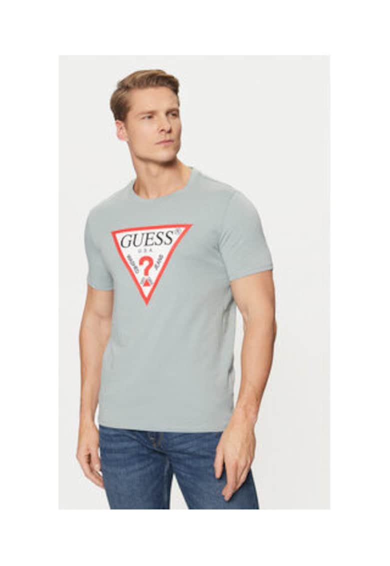 Tricou bumbac cu decolteu la baza gatului si logo - Gri deschis