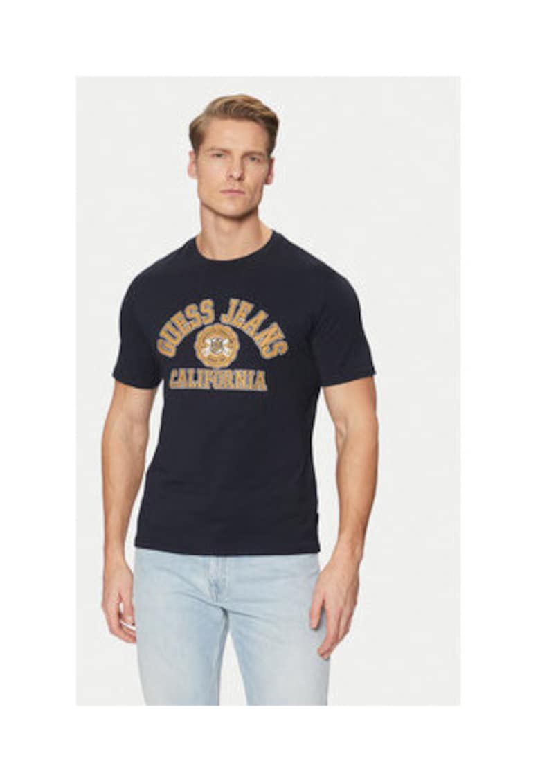Tricou cu imprimeu pe piept si decolteu la baza-gatului - Bleumarin inchis