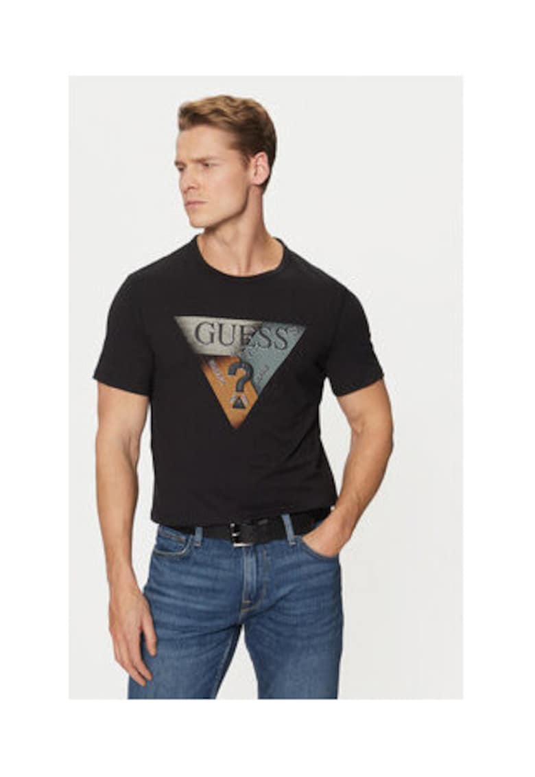 Guess Tricou din amestec de bumbac cu imprimeu logo - Negru