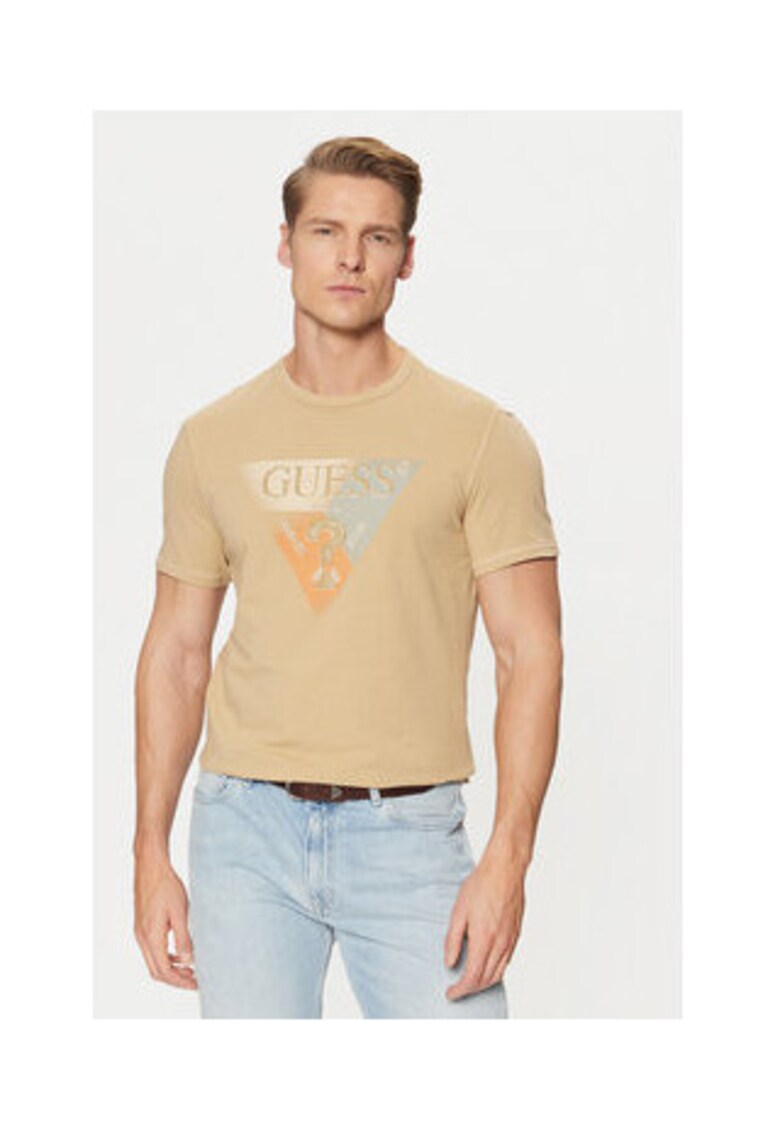 Tricou din amestec de bumbac cu logo pe piept - Bej